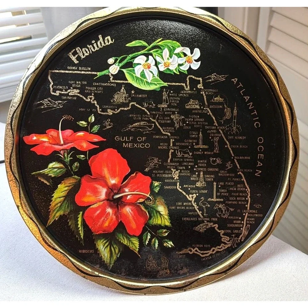 Vintage Florida Souvenir Tray 11in Black MCM Map Hibiscus Metal